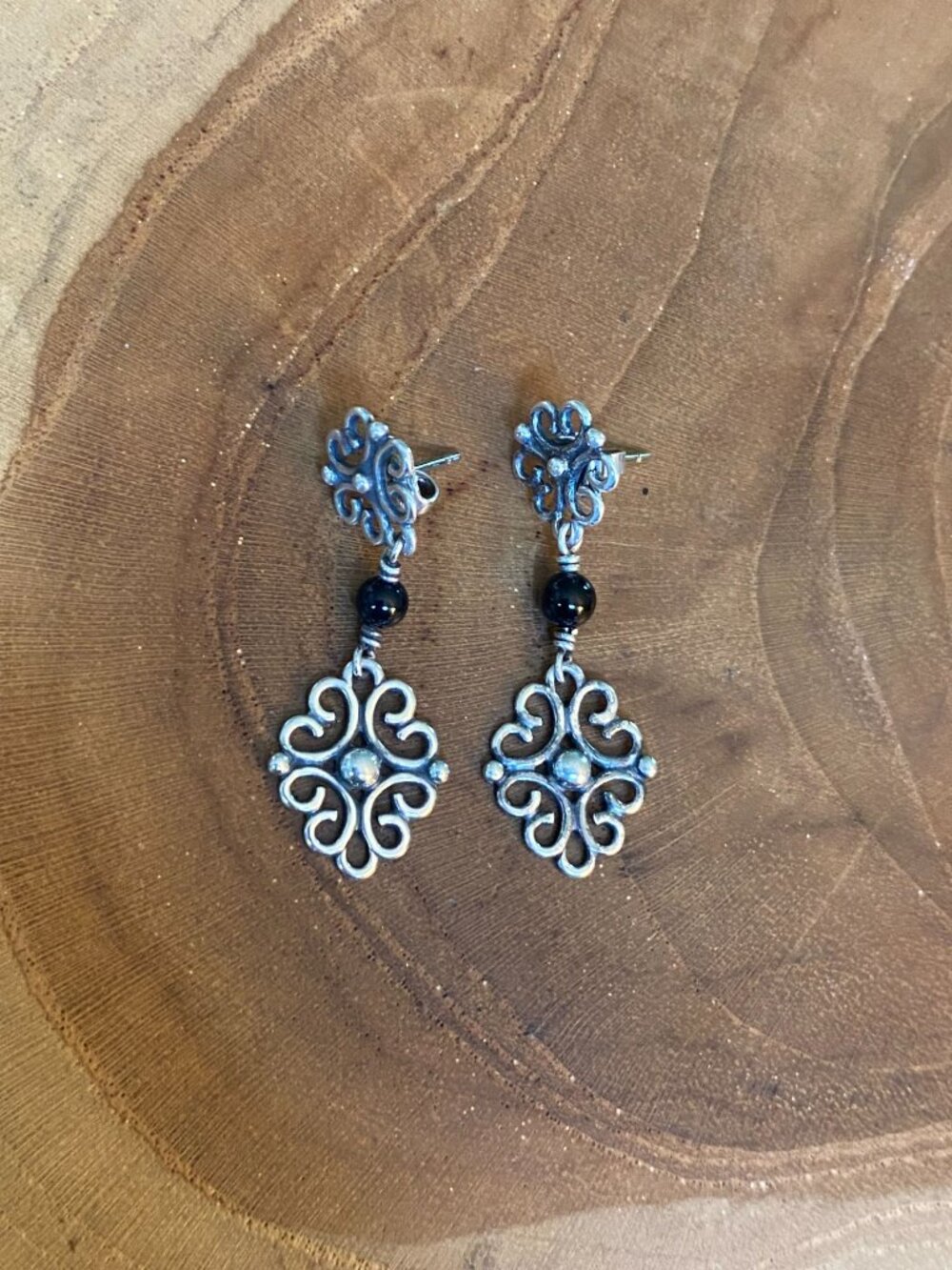 RETIRED Sorrento Onyx Filigree Drop Earrings, Sterling Silver